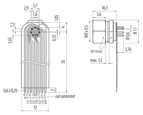 Connection & dimensions M9 Female panel mount connector, Contacts: 7, unshielded, THT, M9x0,5, Rear mounting