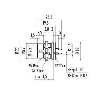 Scale drawing M12 Female panel mount connector, Contacts: 4, unshielded, THT, IP68, UL 2238, PG 9, Rear mounting