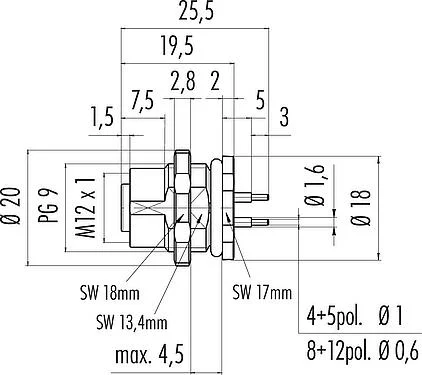 Scale drawing M12 Female panel mount connector, Contacts: 5, unshielded, THT, IP68, UL 2238, PG 9, Rear mounting