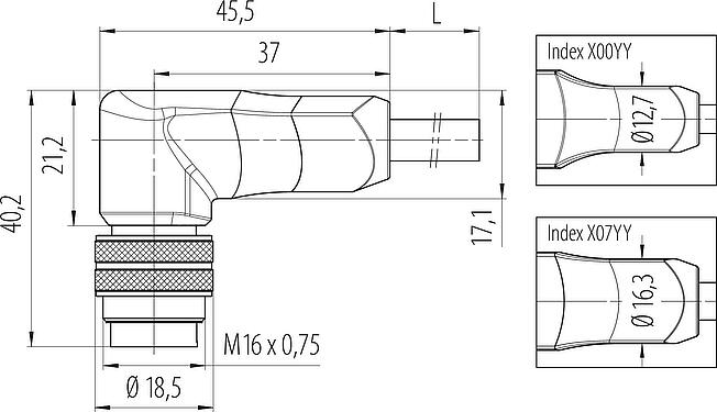 Scale drawing M16 Male angled connector, Contacts: 12, shielded, moulded on the cable, IP67, PUR, black, 12 x 0.25 mm², 2 m