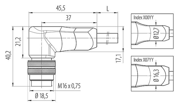 Scale drawing M16 Male angled connector, Contacts: 12, shielded, moulded on the cable, IP67, PUR, black, 12 x 0.25 mm², 5 m