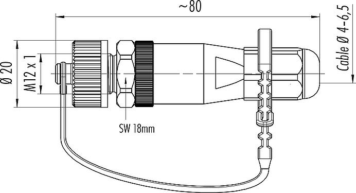 Scale drawing M12 Male cable connector, Contacts: 4, 4.0-6.5 mm, unshielded, screw clamp, IP68/IP69K, for outdoor, UV resistant