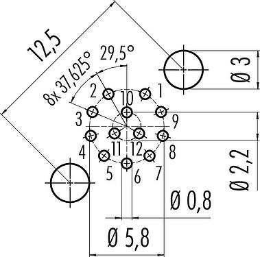 导体结构 M12 针头法兰座, 极数: 12, 非屏蔽, THT, IP68, UL 2238, M16x1.5, 板前安装, 模压成型