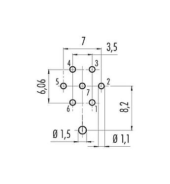 Conductor layout M16 Female panel mount connector, Contacts: 7 (07-a), shieldable, THT, IP67, UL 2238, M18x0,75, Rear mounting