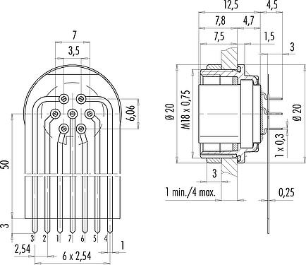 连接和尺寸 M16 孔头法兰座, 极数: 7 (07-a), 非屏蔽, THT, IP67, M18x0,75, 後壁安裝