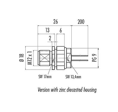 比例图 M12 针头法兰座, 极数: 12, 非屏蔽, 带导线, IP68, UL 2238, PG 9, 板前安装, 可定位的编码排列, 模压成型