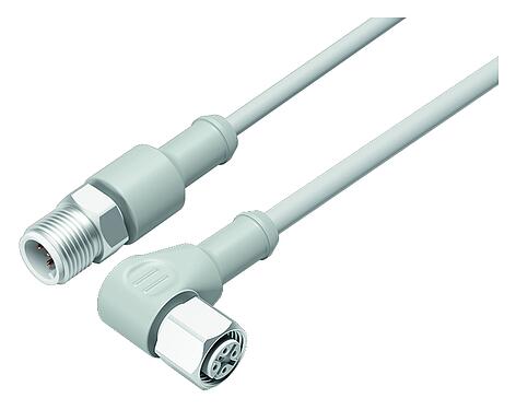 Illustration M12 Connecting cable female angled connector - male cable connector, Contacts: 4, unshielded, moulded on the cable, IP67/IP69K, UL 2238, Ecolab, PVC, grey, 4 x 0.34 mm², Food & Beverage, stainless steel, 5 m