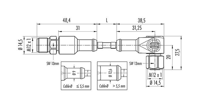 Scale drawing M12 Connecting cable female angled connector - male cable connector, Contacts: 4, unshielded, moulded on the cable, IP67/IP69K, UL 2238, Ecolab, PVC, grey, 4 x 0.34 mm², Food & Beverage, stainless steel, 5 m