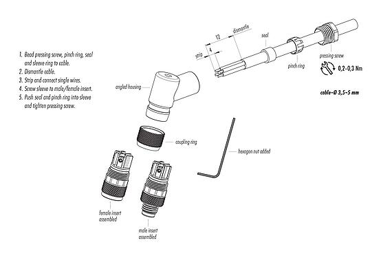 Assembly instructions M8 Male angled connector, Contacts: 3, 3.5-5.0 mm, unshielded, screw clamp, IP67, UL 2238