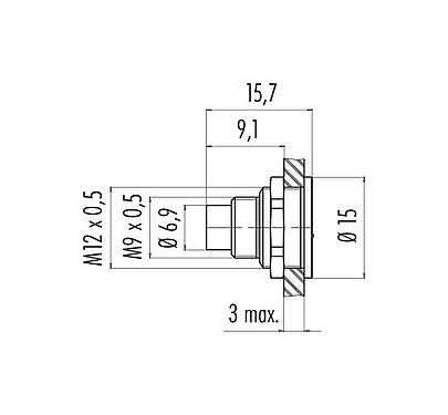 Scale drawing M9 Male panel mount connector, Contacts: 8, unshielded, solder, IP67, M12x0.5, Rear mounting, potted