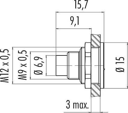 比例图 M9 针头法兰座, 极数: 5, 非屏蔽, 焊接, IP67, M12x0.5, 後壁安裝, 模压成型