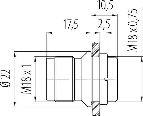 比例图 M18 针头法兰座, 极数: 4, 非屏蔽, 焊接, IP67, M18x0,75, 板前安装
