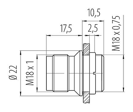 比例图 M18 针头法兰座, 极数: 4, 非屏蔽, 焊接, IP67, M18x0,75, 板前安装