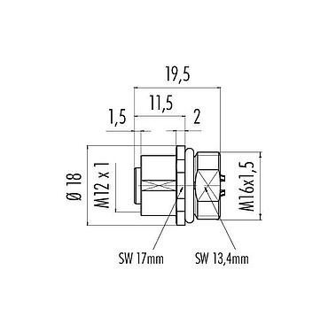 比例图 M12 孔头法兰座, 极数: 4, 非屏蔽, 焊接, IP68, UL 2238, M16x1.5, 板前安装