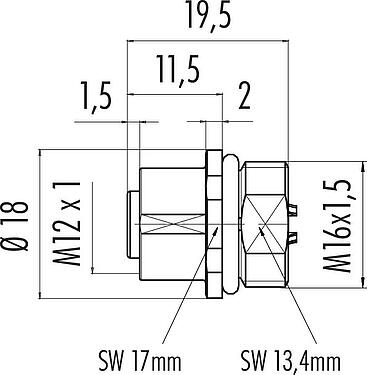 比例图 M12 孔头法兰座, 极数: 4, 非屏蔽, 焊接, IP68, UL 2238, M16x1.5, 板前安装