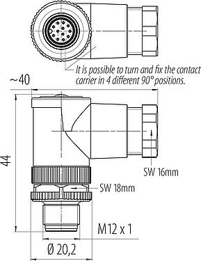 比例图 M12 弯角针头电缆连接器, 极数: 12, 6.0-8.0mm, 非屏蔽, 焊接, IP67, UL 2238