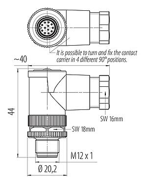 Scale drawing M12 Male angled connector, Contacts: 12, 6.0-8.0 mm, unshielded, solder, IP67, UL 2238