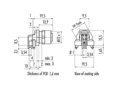 Scale drawing M12 Female angled panel mount connector, Contacts: 4, shieldable, THR, IP68, UL 2238, M12x1.0, Front mounting, for PCB assembly