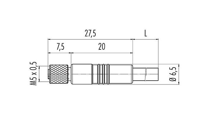 比例图 M5 直头孔头电缆连接器, 极数: 4, 非屏蔽, 预铸电缆, IP67, UL 2238, M5x0.5, PUR, 黑色, 4x0.14mm², 5m