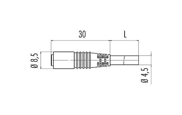 Scale drawing M8 Female cable connector, Contacts: 3, unshielded, moulded on the cable, IP65, PUR, black, 3 x 0.14 mm², Snap-in version, 5 m