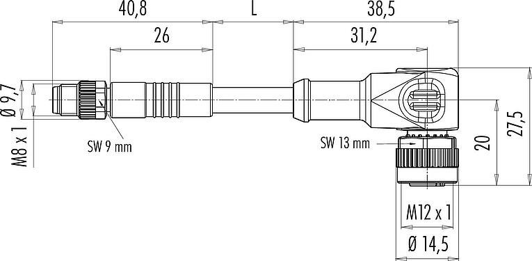 Scale drawing M12/M8 Male cable connector - female angled connector, Contacts: 4, unshielded, moulded on the cable, IP67/IP69K, PUR, black, 4 x 0.25 mm², with LED PNP, 2 m