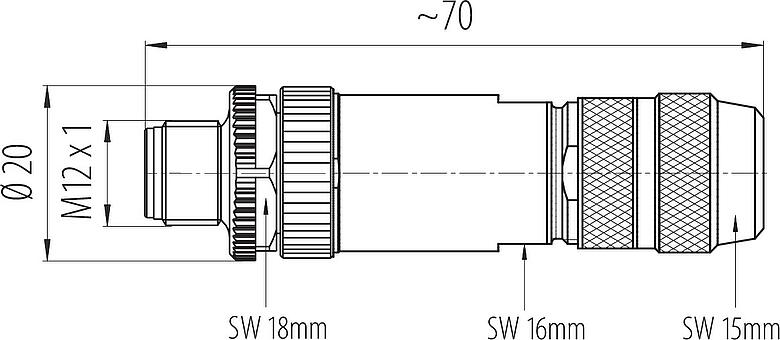 比例图 M12 直头针头电缆连接器, 极数: 4, 8.0-9.0mm, 可接屏蔽, 螺钉接线, IP67, UL 2238, 鸢尾花
