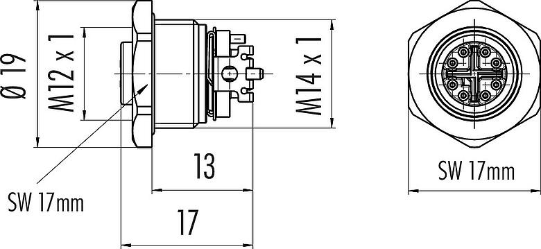 比例图 M12 孔头法兰座, 极数: 8, 可接屏蔽, SMT, IP68, M14x1.0, 後壁安裝