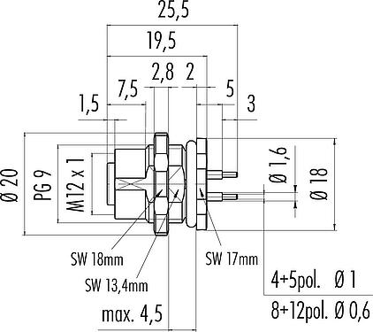 Scale drawing M12 Female panel mount connector, Contacts: 4, unshielded, THT, IP67, UL 2238, PG 9, Rear mounting