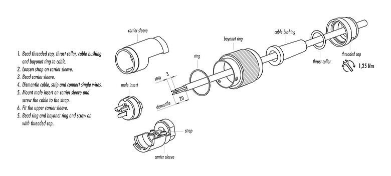 Assembly instructions Bayonet Male cable connector, Contacts: 3, 5.0-8.0 mm, shieldable, solder, IP40