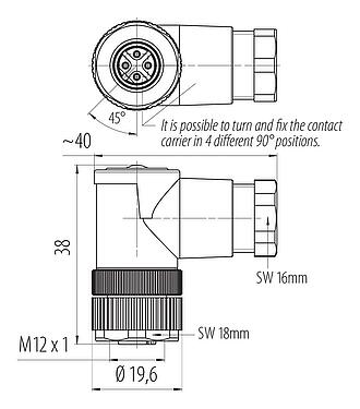 Scale drawing M12 Female angled connector, Contacts: 4, 6.0-8.0 mm, unshielded, screw clamp, IP67, UL 2238