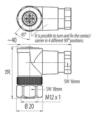 Scale drawing M12 Female angled connector, Contacts: 4, 6.0-8.0 mm, unshielded, screw clamp, IP67, UL 2238