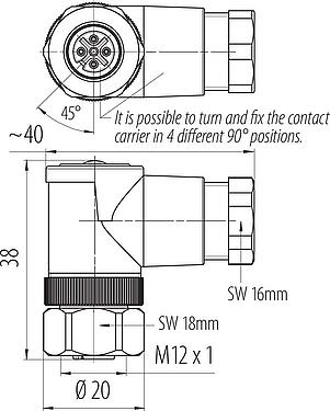 Scale drawing M12 Female angled connector, Contacts: 4, 6.0-8.0 mm, unshielded, screw clamp, IP67, UL 2238