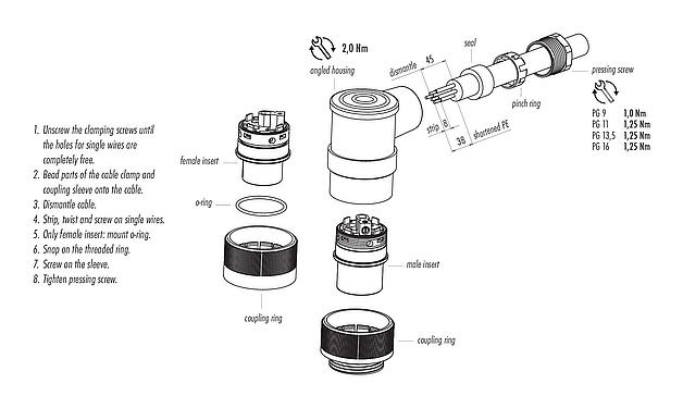 装配说明 RD30 弯角针头电缆连接器, 极数: 4+PE, 12.0-14.0mm, 非屏蔽, 螺钉接线, IP65, ESTI+, VDE