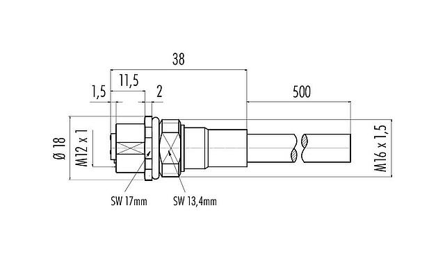 比例图 M12 孔头法兰座, 极数: 8, 6.0mm, 屏蔽, 法兰座带电缆, IP68, M16x1.5, PUR, 8x0.25mm², 板前安装, 0.5m
