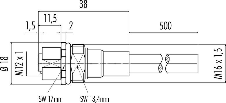 Scale drawing M12 Female panel mount connector, Contacts: 8, 6.0 mm, shielded, with cable assembled, IP68, M16x1.5, PUR, 8 x 0.25 mm², Front mounting, 0.5 m
