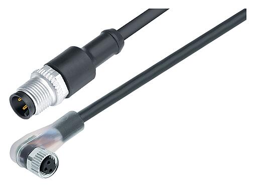 插图 M12/M8 针头电缆连接器 - 孔头弯角电缆连接器, 极数: 3, 非屏蔽, 预铸电缆, IP67/IP69K, PUR, 黑色, 3x0.25mm², 带LED的PNP, 2m