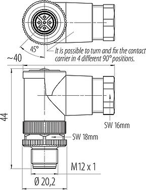 比例图 M12 弯角针头电缆连接器, 极数: 5, 6.0-8.0mm, 非屏蔽, 螺钉接线, IP67, UL 2238