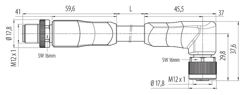 Scale drawing 77 0679 0674 70505-0200 - M12/M12 Male cable connector - female angled connector, Contacts: 4+PE, unshielded, moulded on the cable, IP68, PUR, black, 5 x 1.50 mm², UL in preparation, 2 m