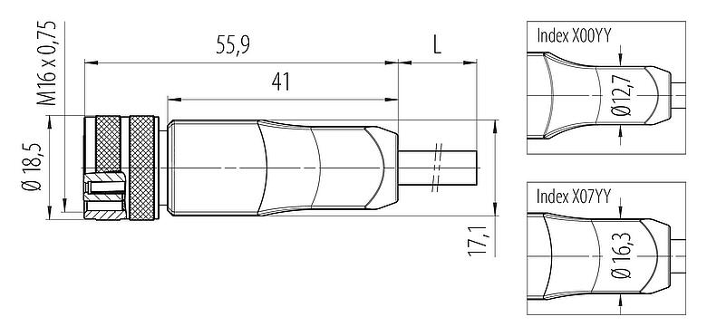 Scale drawing M16 Female cable connector, Contacts: 7 (07-b), shielded, moulded on the cable, IP67, PUR, black, 7 x 0.25 mm², 5 m