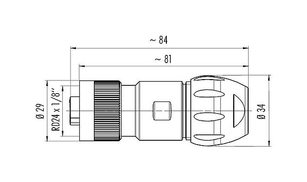 Scale drawing RD24 Female cable connector, Contacts: 3+PE, 7.0-17.0 mm, unshielded, screw clamp, IP67, UL, ESTI+, VDE