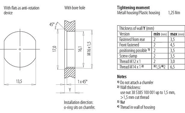 安装说明 M12 针头法兰座, 极数: 8, 非屏蔽, 焊接, IP67, UL 2238, M16x1.5, 板前安装