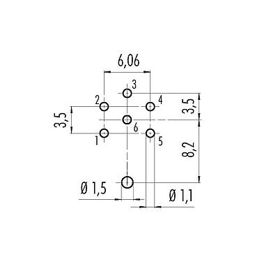 Conductor layout 09 0324 290 06 - M16 Female panel mount connector, Contacts: 6 (06-a), shieldable, THT, IP40, front fastened