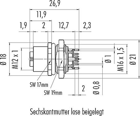 Scale drawing M12 Female panel mount connector, Contacts: 8, shieldable, THT, IP67, UL, M16x1.5, Front mounting