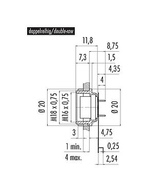 比例图 M16 孔头法兰座, 极数: 12 (12-a), 非屏蔽, THT, IP40, M18x0,75, 後壁安裝, 双排