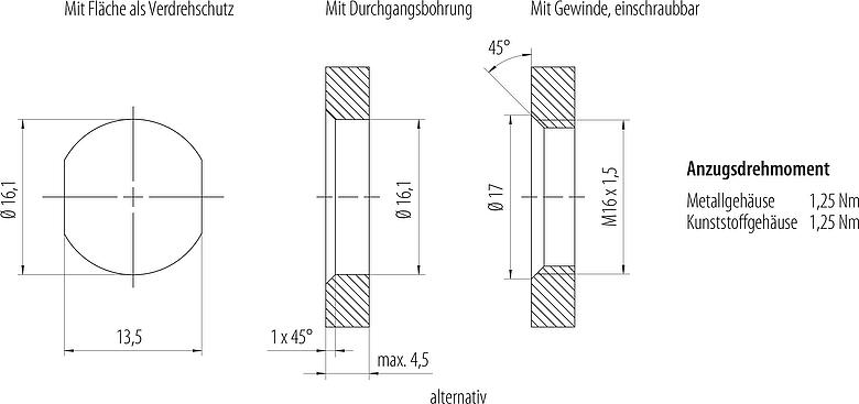 安装说明 M12 孔头法兰座, 极数: 4, 非屏蔽, 带导线, IP68, UL 2238, M16x1.5, 板前安装