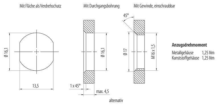 安装说明 M12 孔头法兰座, 极数: 4, 非屏蔽, 带导线, IP68, UL 2238, M16x1.5, 板前安装
