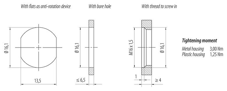 安装说明 M12 孔头法兰座, 极数: 4+FE, 非屏蔽, THR, IP67, UL 2238, M16x1.5, 板前安装