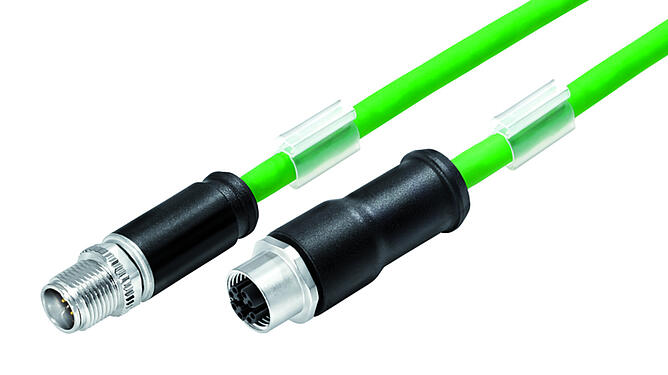 Illustration 79 9724 100 08 - M12/M12 Connecting cable male cable connector - female cable connector, Contacts: 8, shielded, moulded on the cable, IP67, UL, PUR, green, AWG 26/7, 10 m
