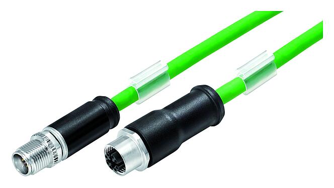 Illustration M12 Connecting cable male cable connector - female cable connector, Contacts: 8, shielded, moulded on the cable, IP67, UL, PUR, green, AWG 26/7, 2 m