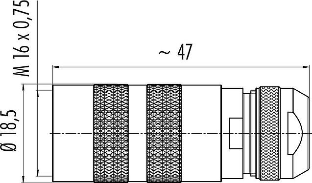 Scale drawing M16 Female cable connector, Contacts: 6 (06-a), 4.1-7.8 mm, shieldable, crimping (Crimp contacts must be ordered separately), IP67, UL 2238, Short version